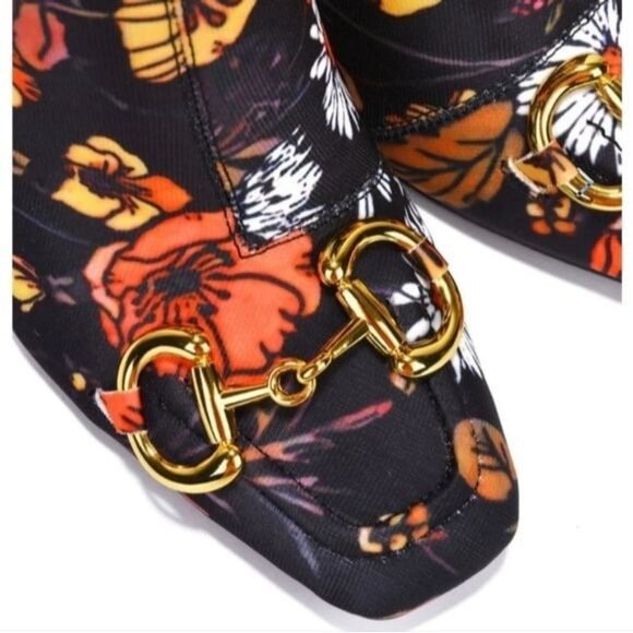 Women Flower Print Square Toe Chain Bit Buckle Block Heel Bootie - Picture 3 of 4